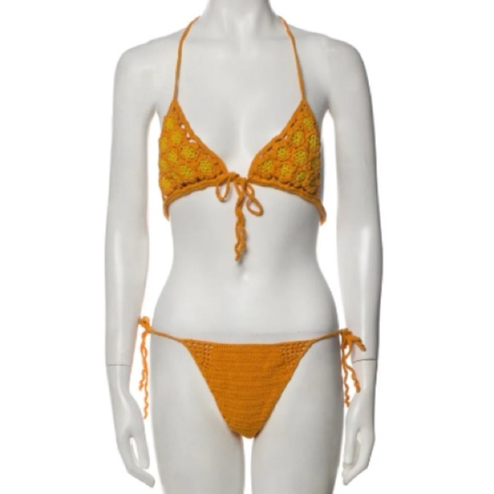 Cult Gaia Alivia Halter Orange Marigold Floral Crochet Bikini Swimsuit NWOT Sz L - Picture 3 of 12